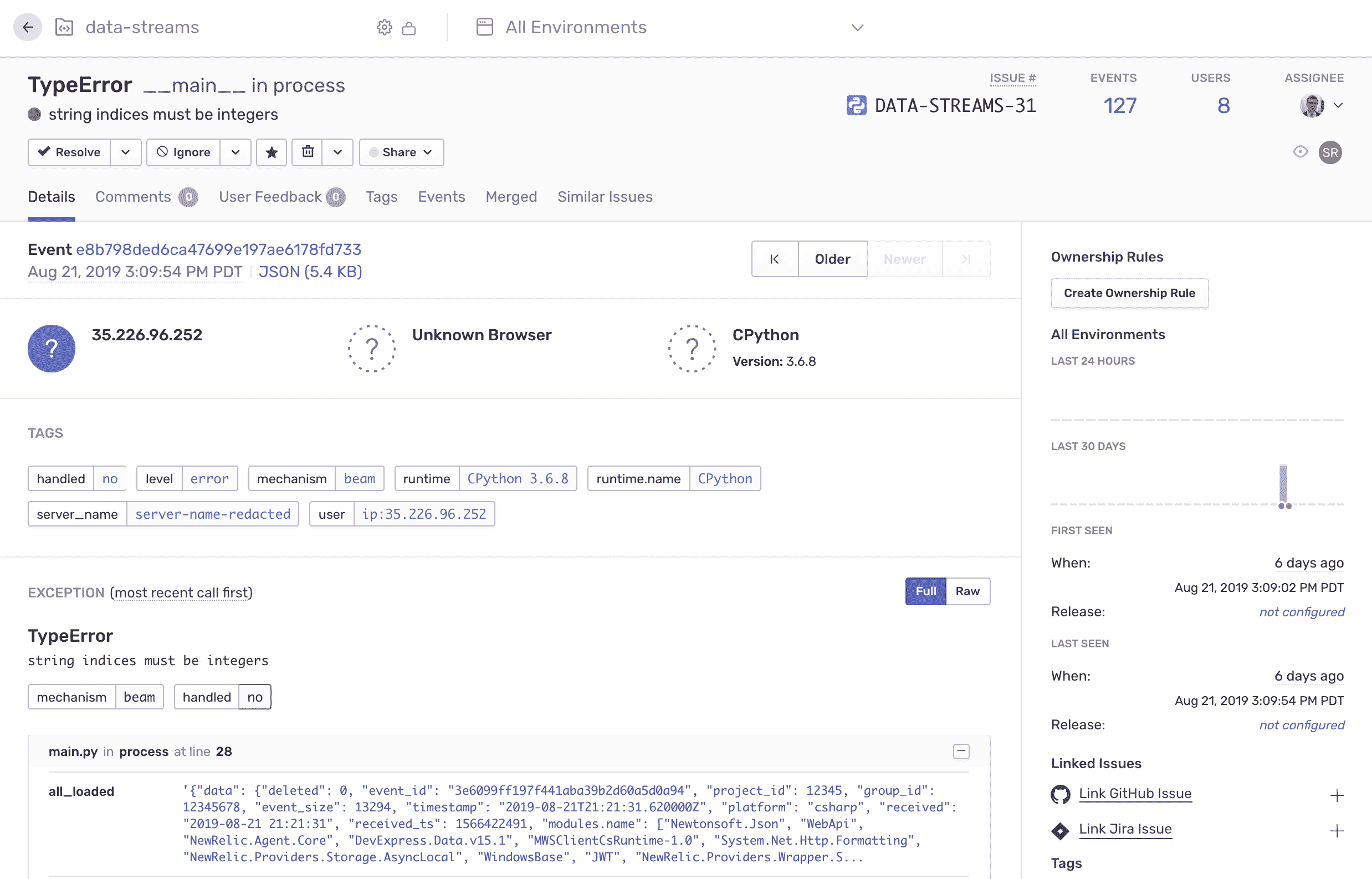 Sentry Issue display of Dataflow error received via Beam integration