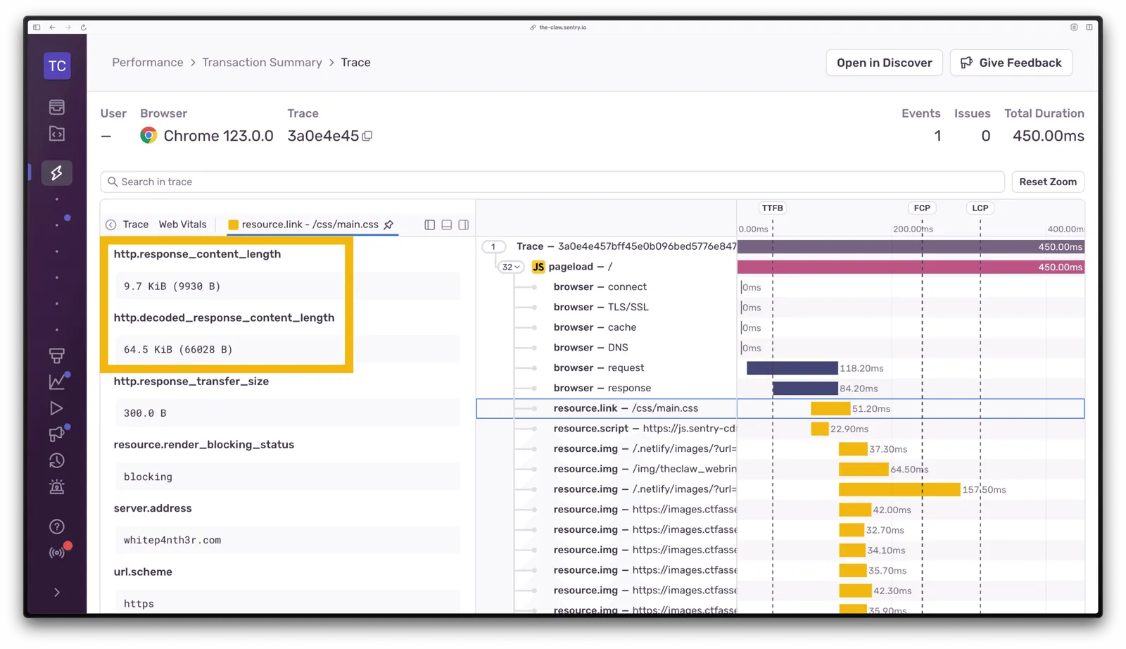 A Sentry trace view showing the content length and decoded content length response headers for the main css file highlighted with a yellow rectangle. 