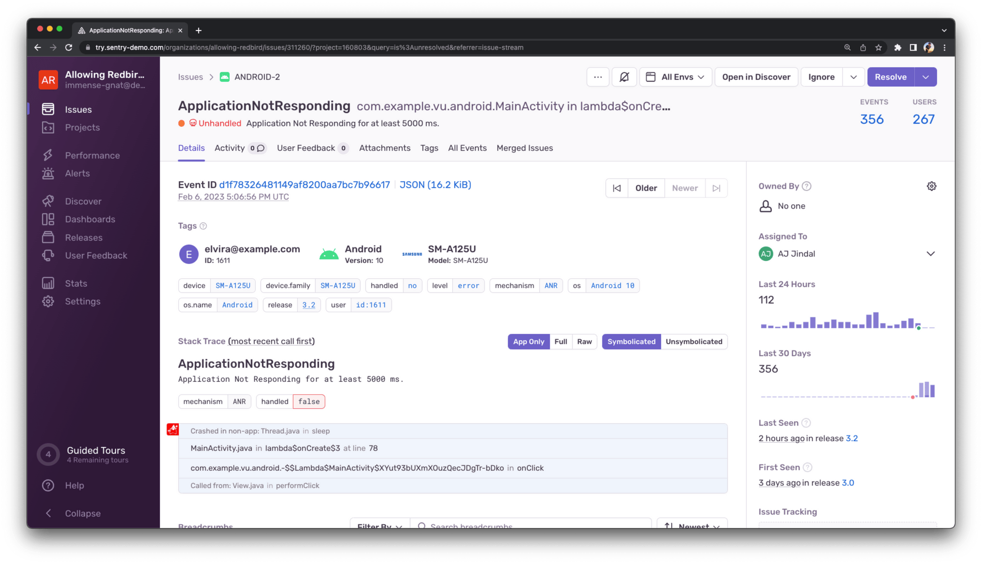 Sentry showing a Jetpack Compose error