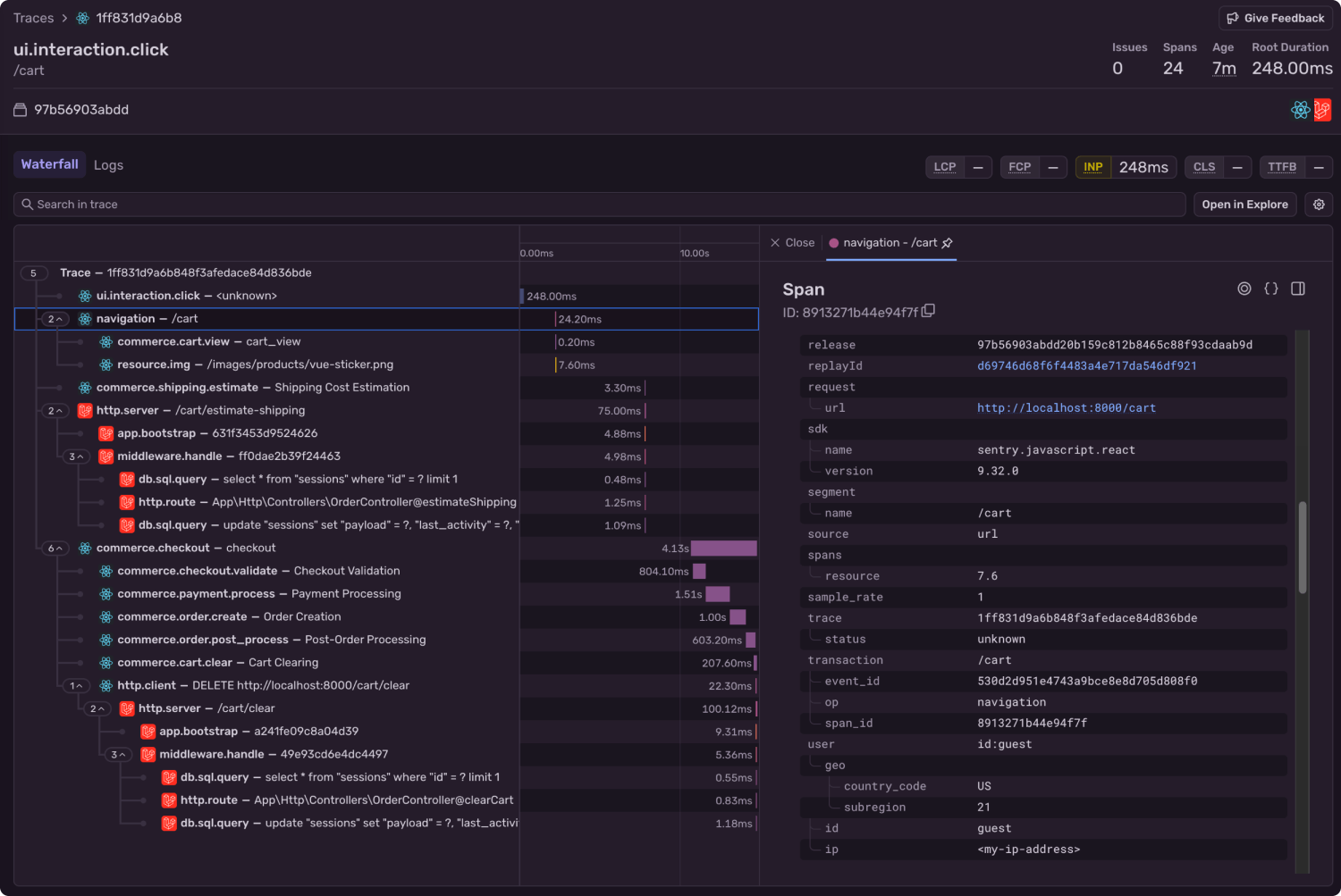 A waterfall view of the spans related to a specific trace in the Sentry UI.