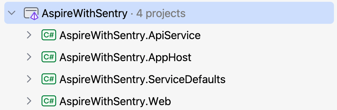 A folder view in Aspire showing a dot api service file, a dot app host file, a dot service defaults file and a dot web file.