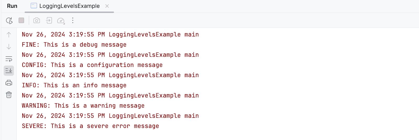 Output of the logging example with FINE level