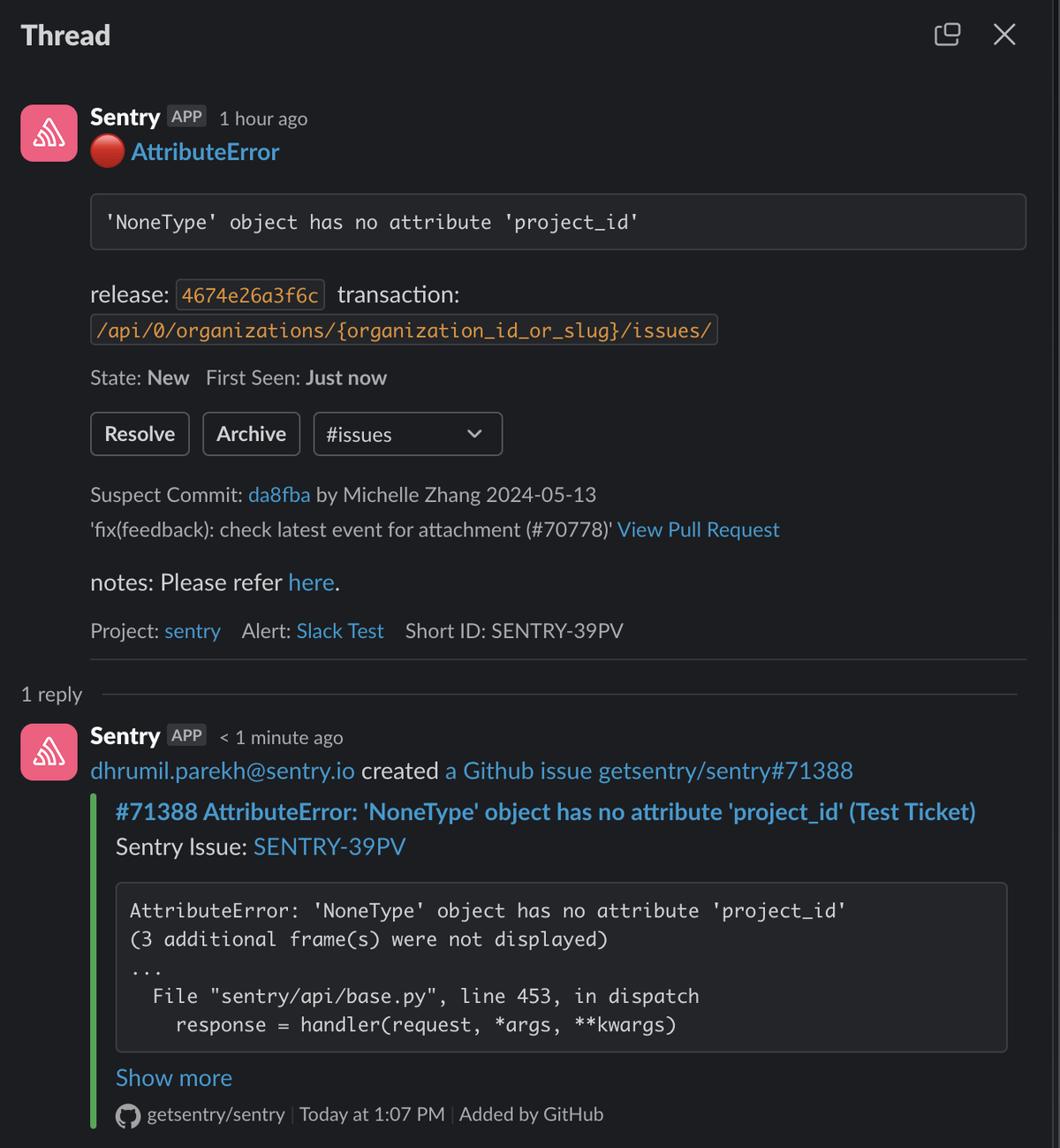 Slack thread with Sentry alert showing an AttributeError and a linked GitHub issue reply