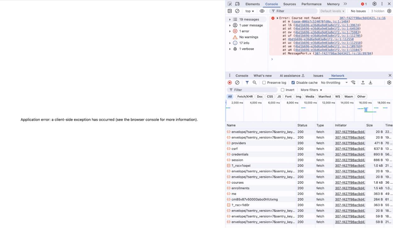 Example of what the error looks like in the browser console, showing an application error text on the left, and further details of the error in the console on the right.