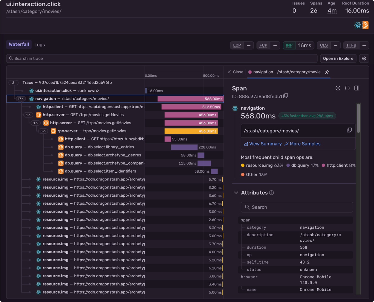 A waterfall view of a trace in Sentry.
