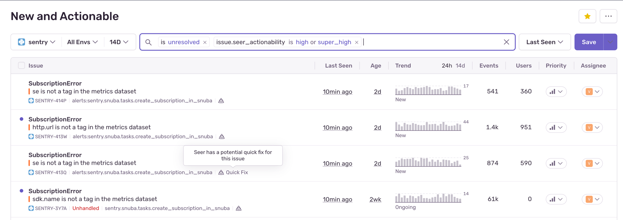 Screenshot of the “New and Actionable” issues view in Sentry’s dashboard. A search filter is applied: unresolved issues with issue.seer_actionability set to super_high. The list shows several “SubscriptionError” issues with tags like se is not a tag in the metrics dataset and http.url is not a tag in the metrics dataset. Each issue displays status info such as age, last seen, event count, users affected, priority, and assignee. A tooltip is visible over one issue that says: “Seer has a potential quick fix for this issue.”