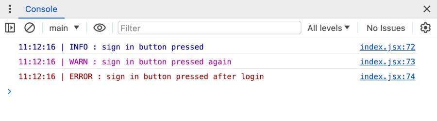 The React Native DevTools console showcasing the different colors of log levels.