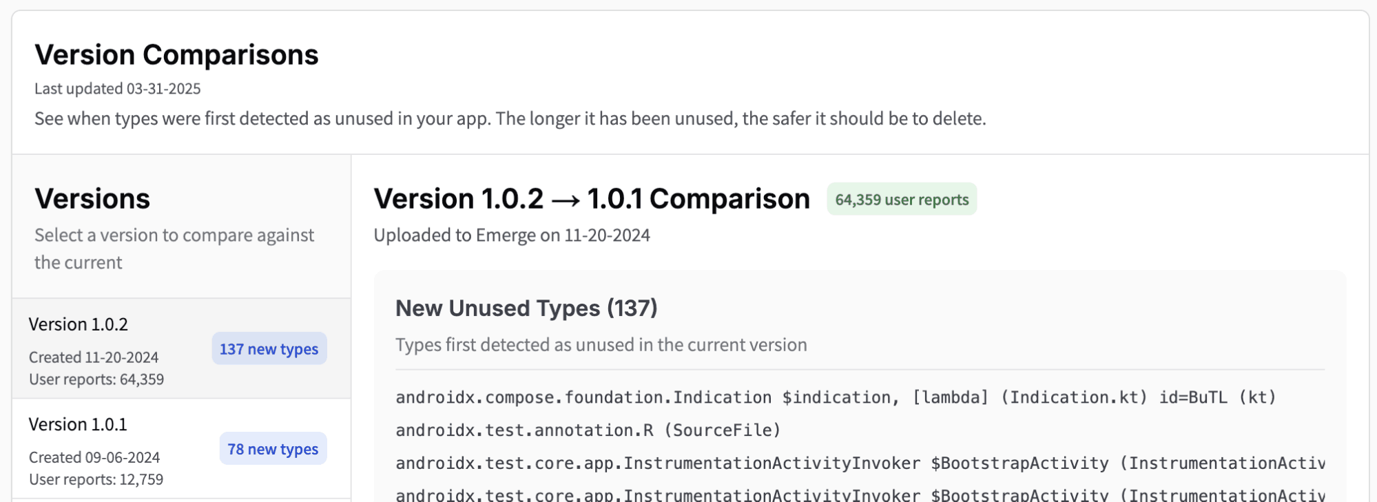 Version comparisons in Reaper to check when unused types were first detected,