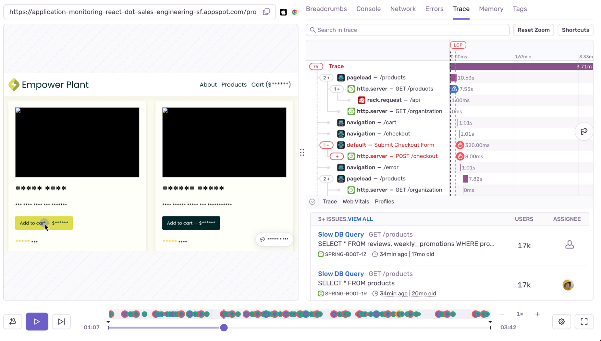 A screenshot of Session Replay in Sentry. On the left-hand side is a view of what the user was seeing, with two blacked-out images, text that is obfuscated, and a couple “Add to cart” buttons. On the right side is a thorough trace of what was happening from page loads through to backend database queries, with Core Web Vitals highlighted and issues viewable underneath the trace. At the bottom are the replay controls and timeline for quick navigation over the entire session.