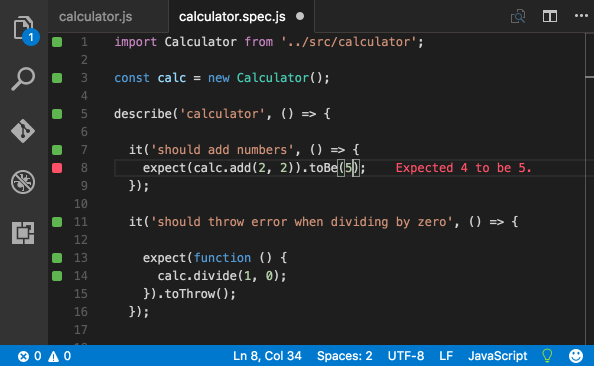 Wallaby.js in VS Code showing real-time test feedback with inline pass/fail indicators on code