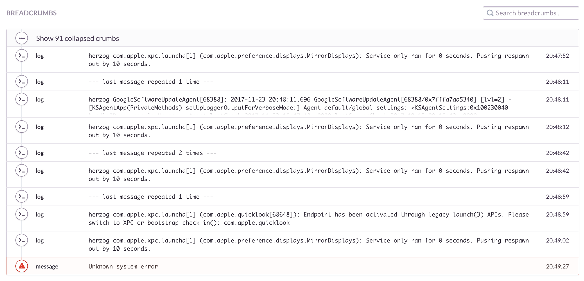 breadcrumbs in the UI