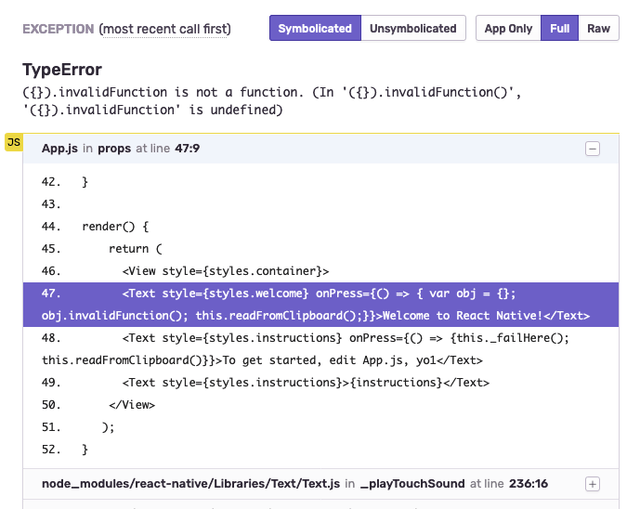 Symbolicated stack trace from a React Native app in Sentry