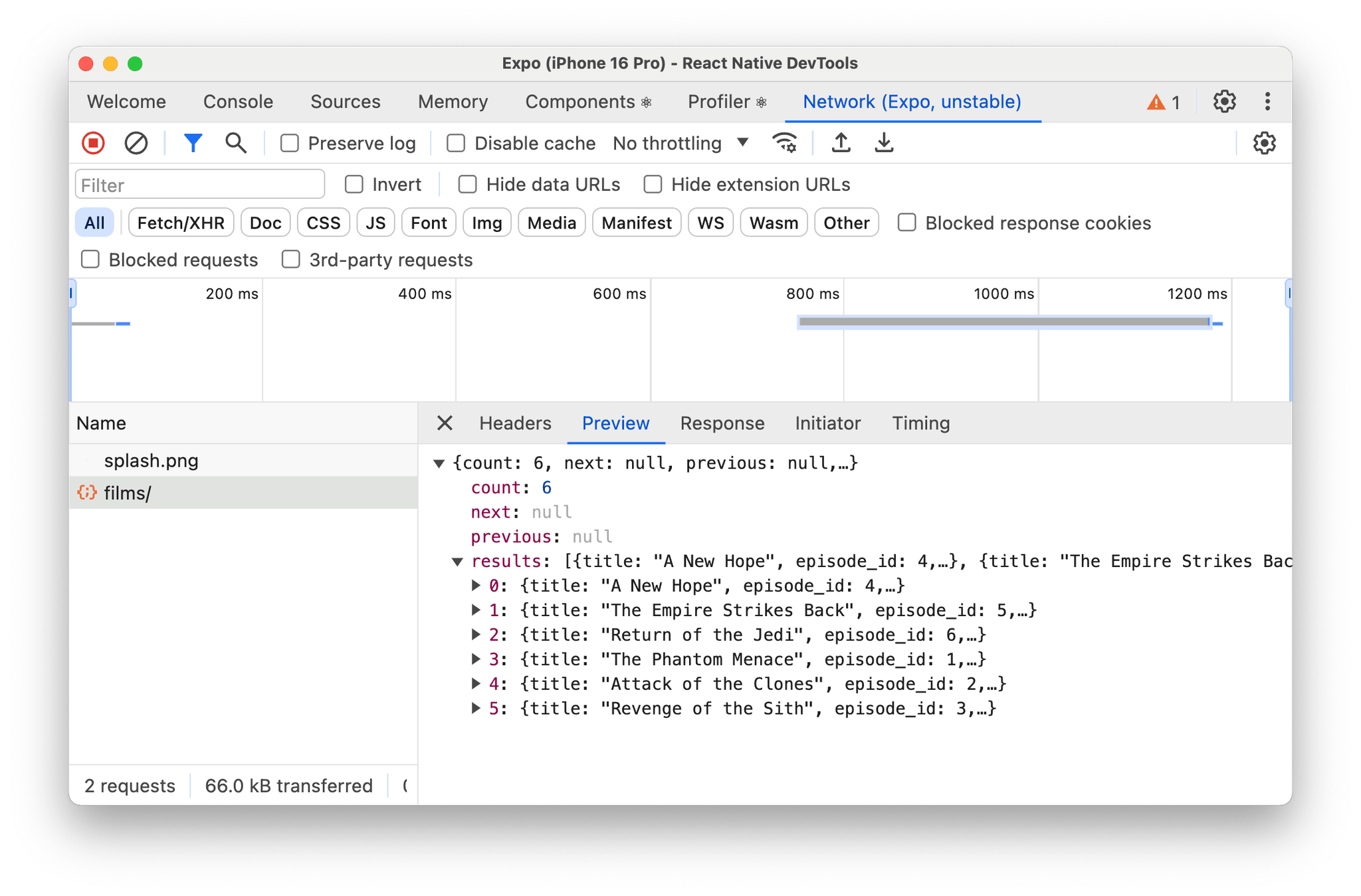React Native DevTools with Expo Network debugging support to inspect requests