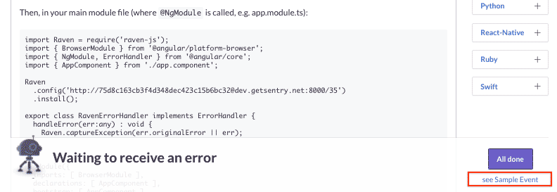Sentry onboarding page with a subtle "see Sample Event" link at the bottom of the setup instructions