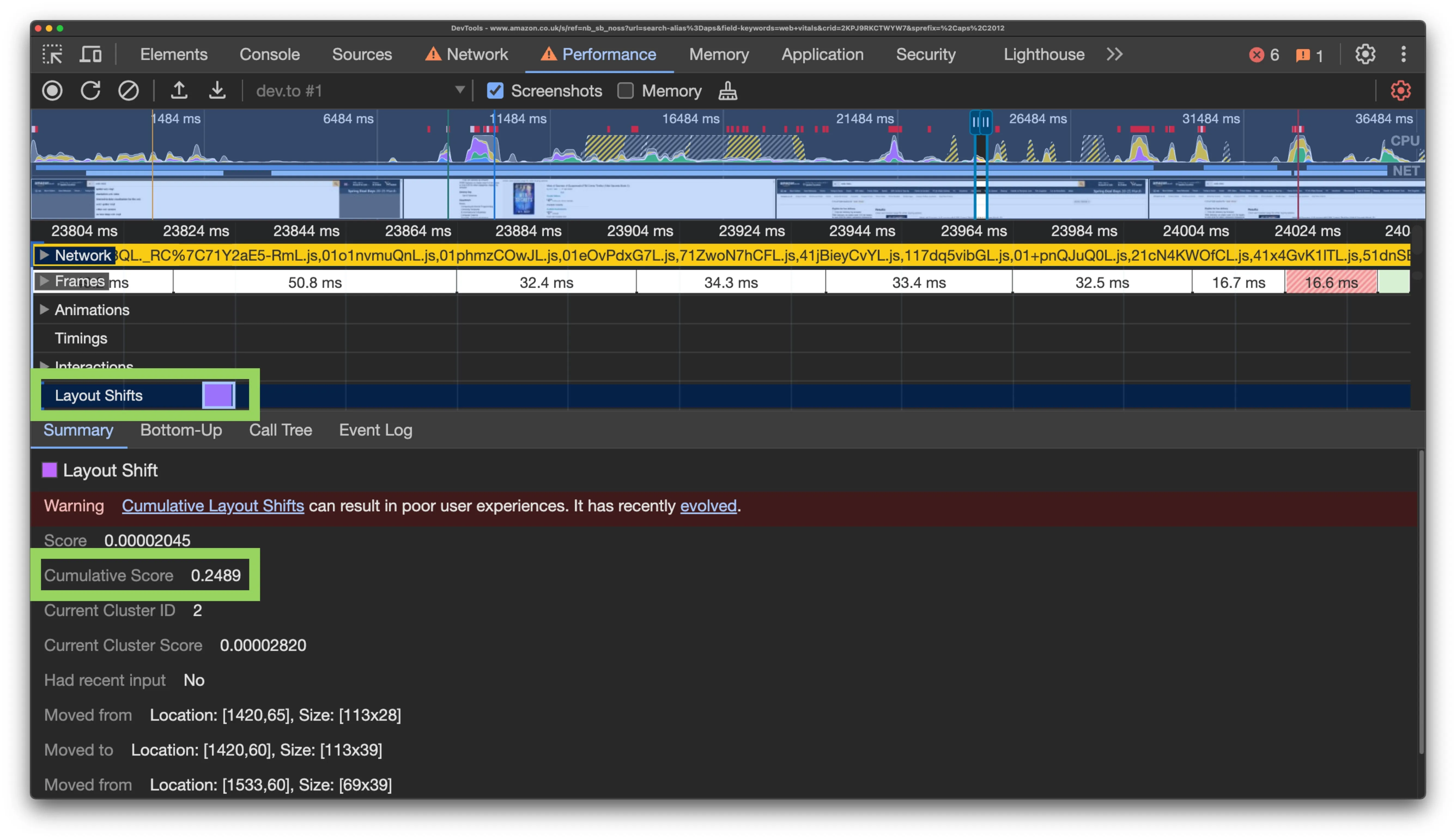 Chrome Performance profile showing Layout Shifts lane with a cumulative score of 0.2488