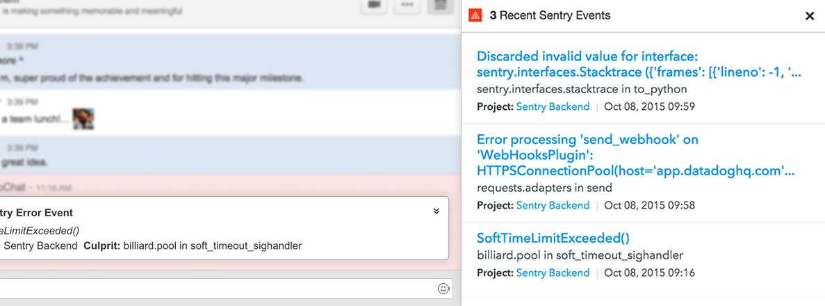 HipChat sidebar showing 3 recent Sentry error events alongside a chat conversation