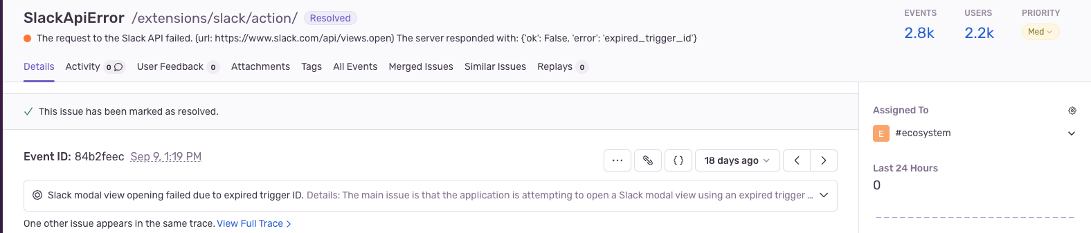 Sentry issue detail for SlackApiError showing expired_trigger_id error with 2.8k events