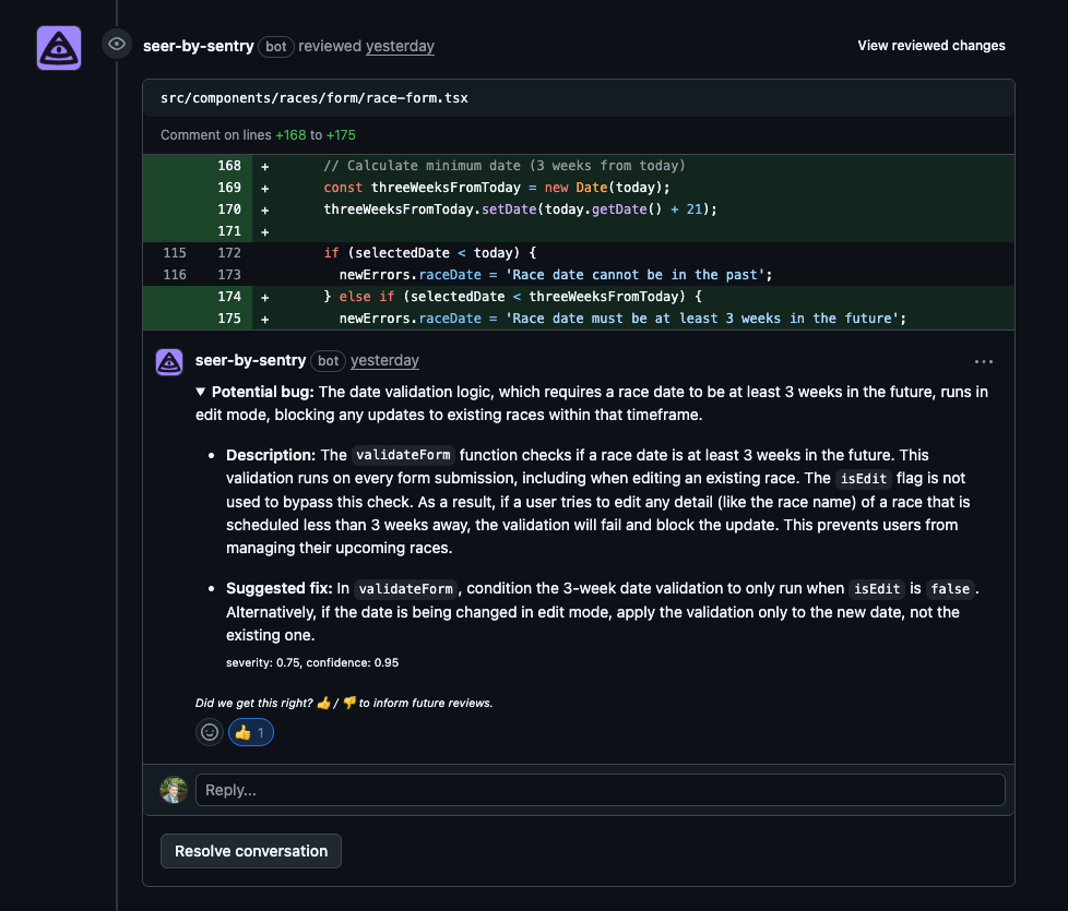 A screenshot from Github where Sentry's Seer reviewed the changes to the code and suggested that there may be a potential bug in the code related to the way users edit races. It also drafted up a potential fix for the identified bug.