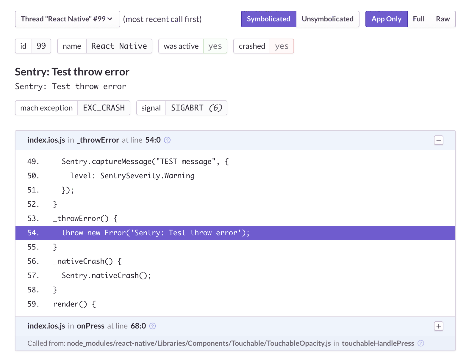 React Native Stacktrace