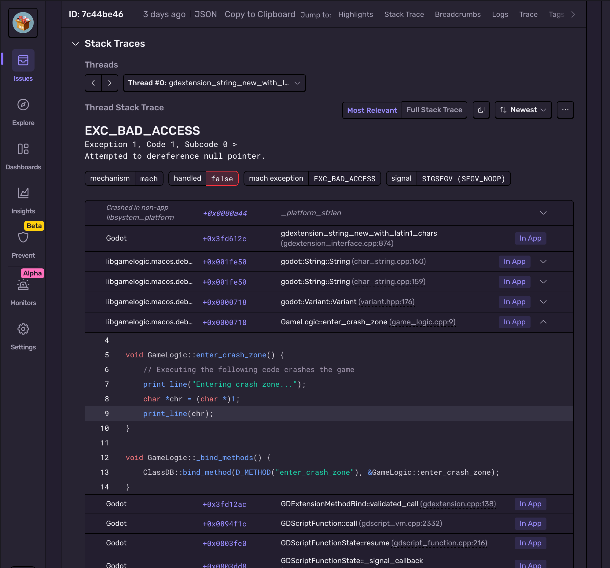 Screenshot of a Sentry issue showing a Godot crash with an EXC_BAD_ACCESS stack trace caused by dereferencing a null pointer.