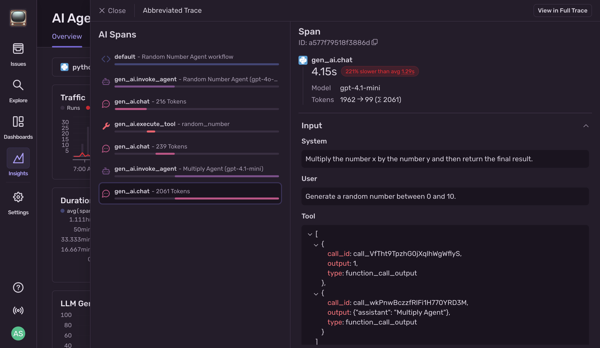Screenshot of the Sentry UI showing the traces for a LLM calls. It includes the input and output.