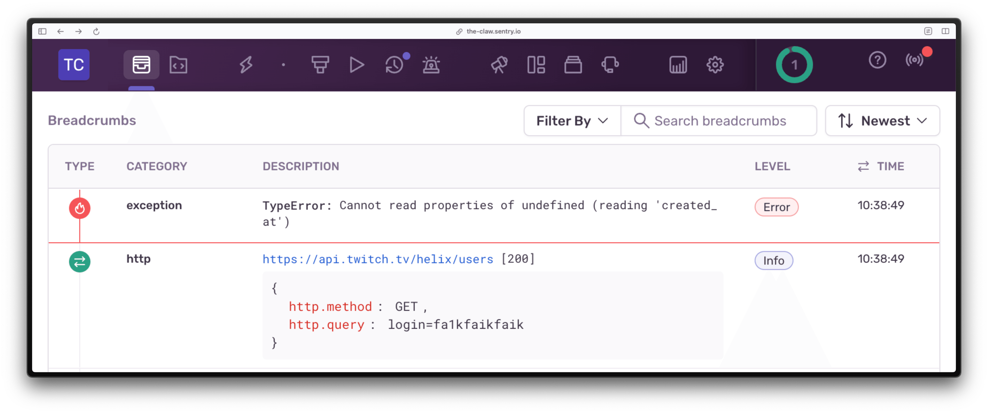 breadcrumbs showing the exception caused by TypeError: cannot read properties of undefined, and the previous event being an HTTP request to the Twitch API, asking it to get user data via a login name, and returning an HTTP 200 status code.