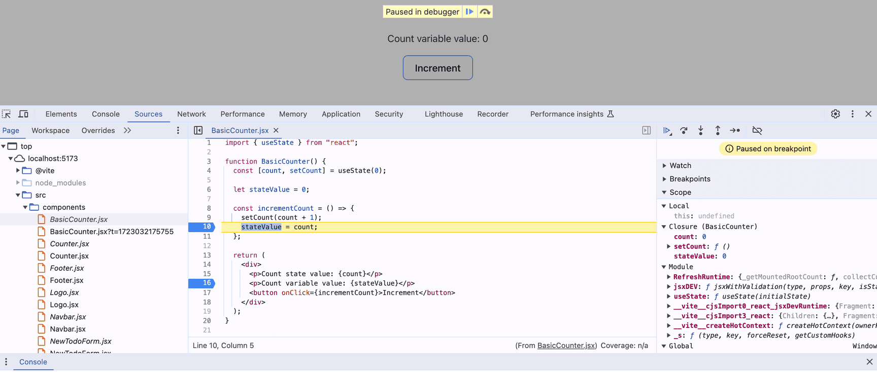 DevTools paused on breakpoint showing Scope panel with local variable values for BasicCounter