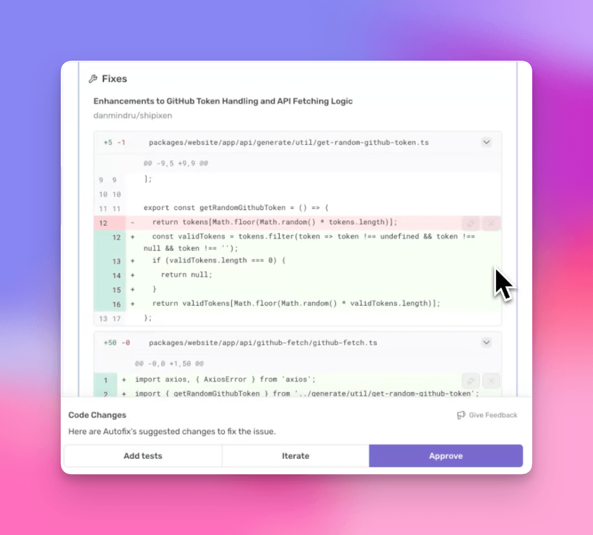 Preview of the implementation showing the code diff