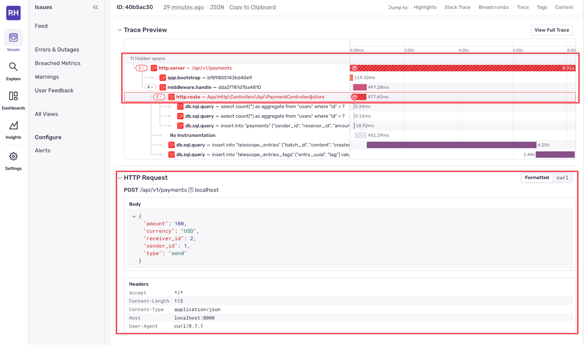 The sentry UI, showing the trace preview and http request info.