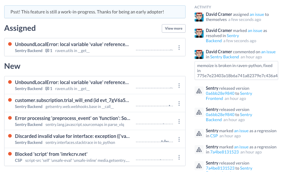 Sentry organization dashboard showing assigned issues, new issues, and team activity feed
