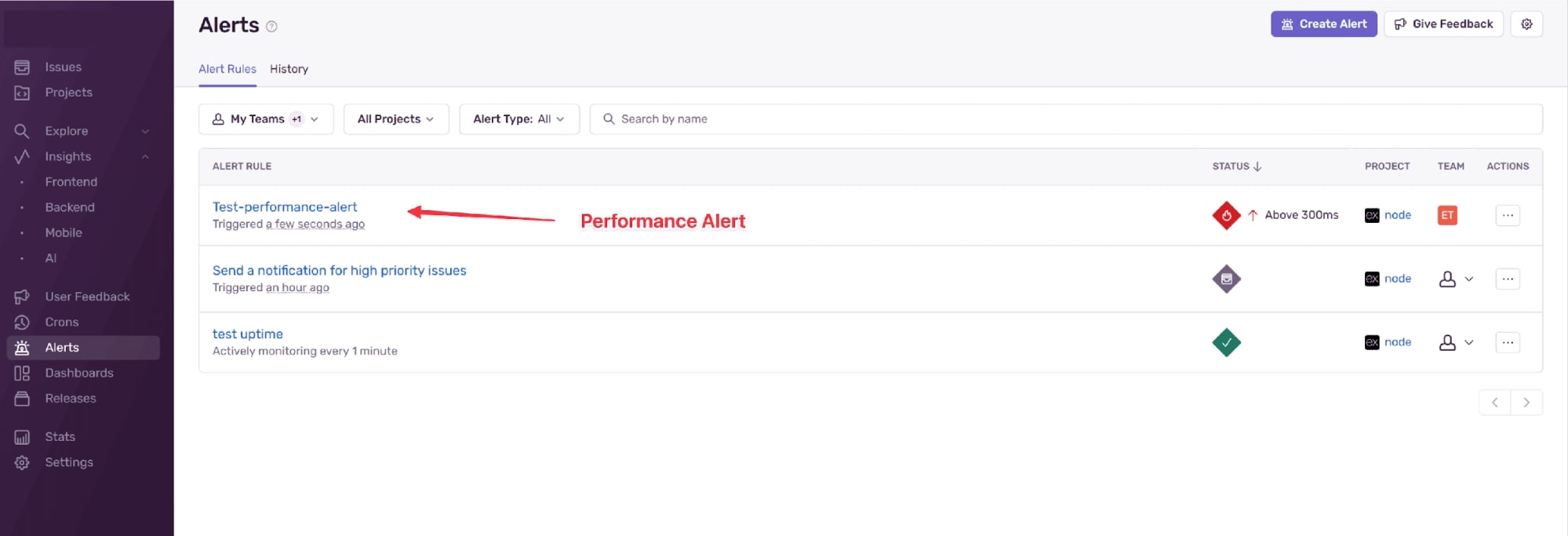 Screenshot from Sentry pointing out the test performance alert that got triggered due to the p75 threshold exceeding 300ms.