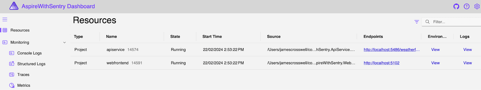 The aspire with sentry dashboard showing different types of log monitoring.