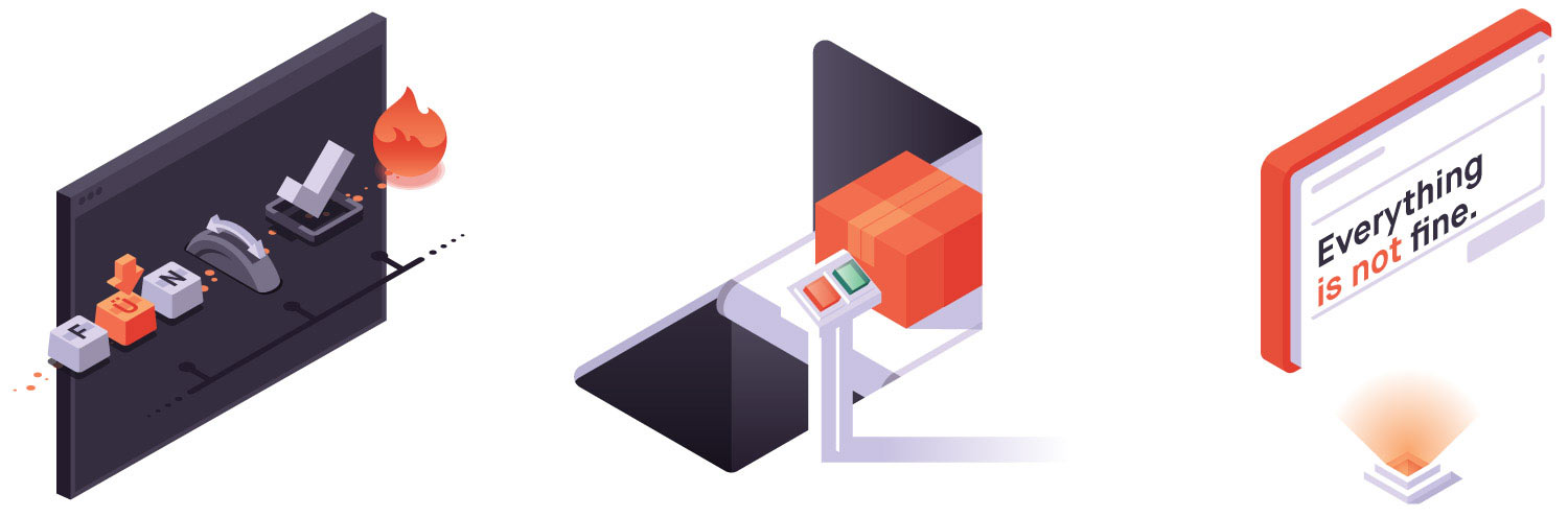 A collection of illustrations representing our breadcrumbs feature, choosing whether to roll back a release, and collecting user feedback