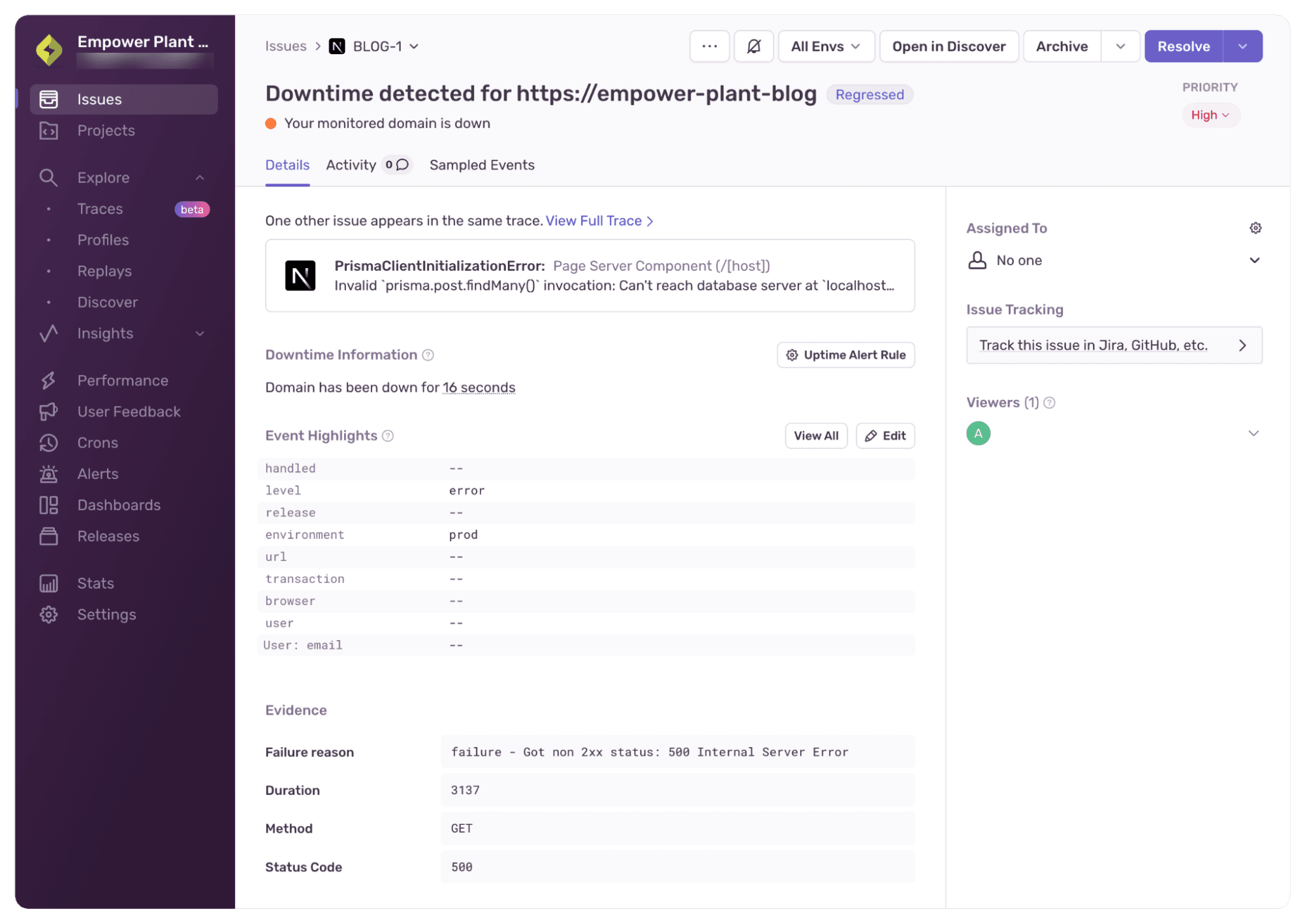 Sentry issue detail page for a downtime event showing error evidence, related trace, and event metadata
