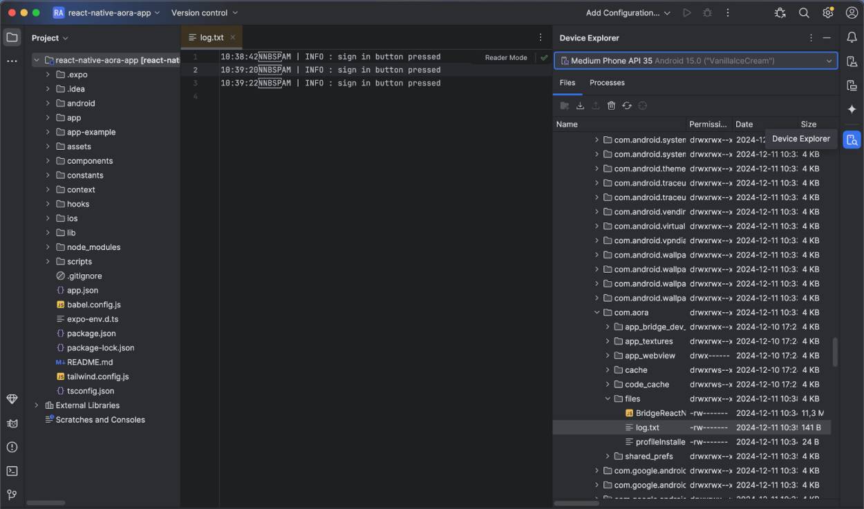 The Android Studio Device Explorer viewing log files in a virtual Android device.