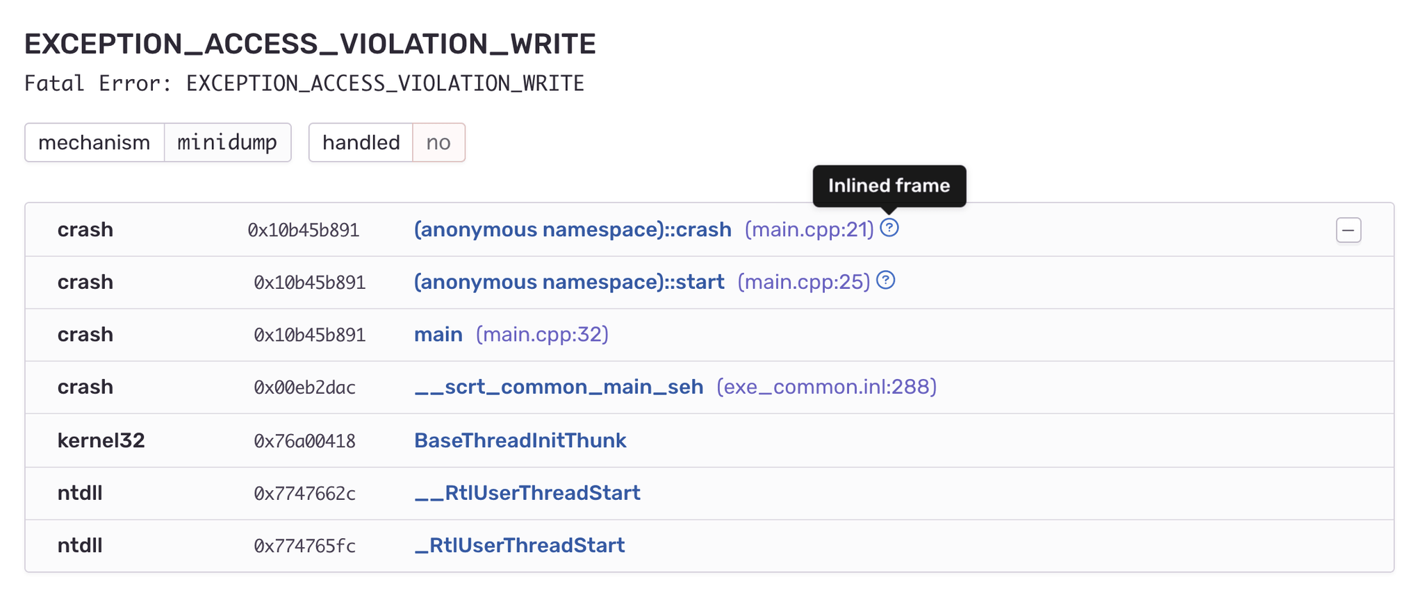 Sentry Windows stack trace system function names