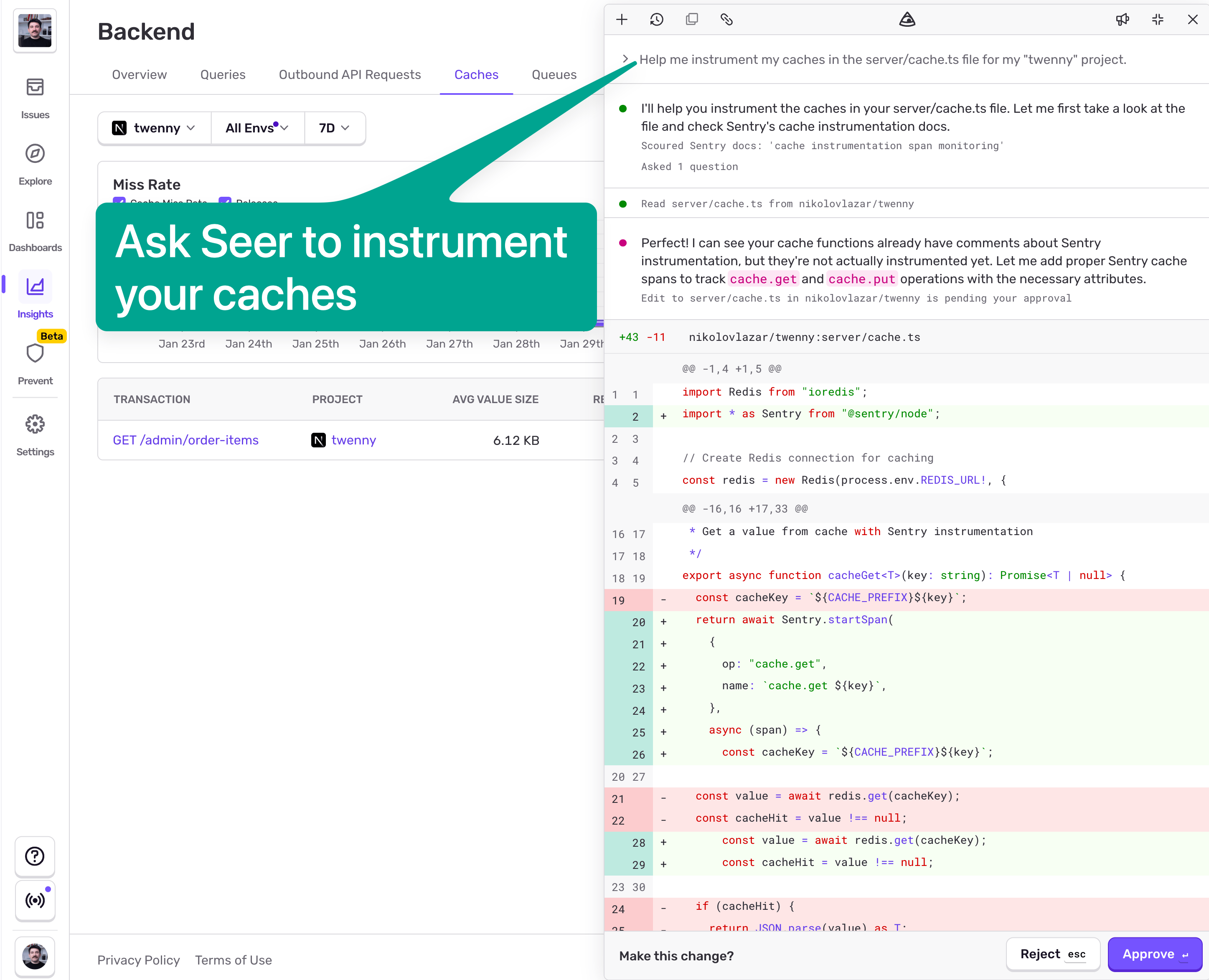 GitHub diff showing Sentry cache instrumentation code changes in server/cache.ts file. Added cache.get and cache.put operations with startSpan monitoring for Redis caching implementation in twenny project