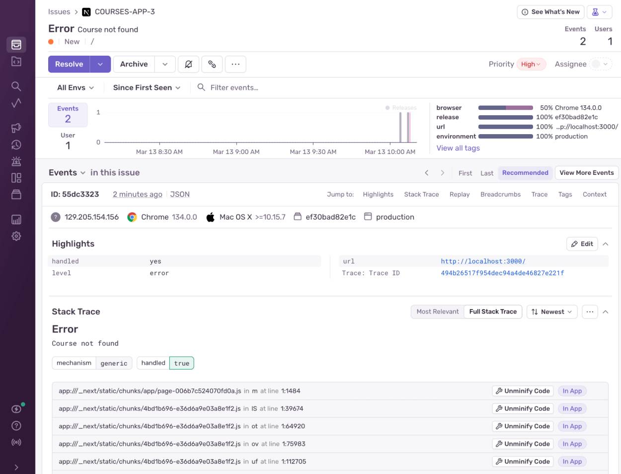 The Course not found error visible in Sentry with details of the error, showing related info and stack trace.