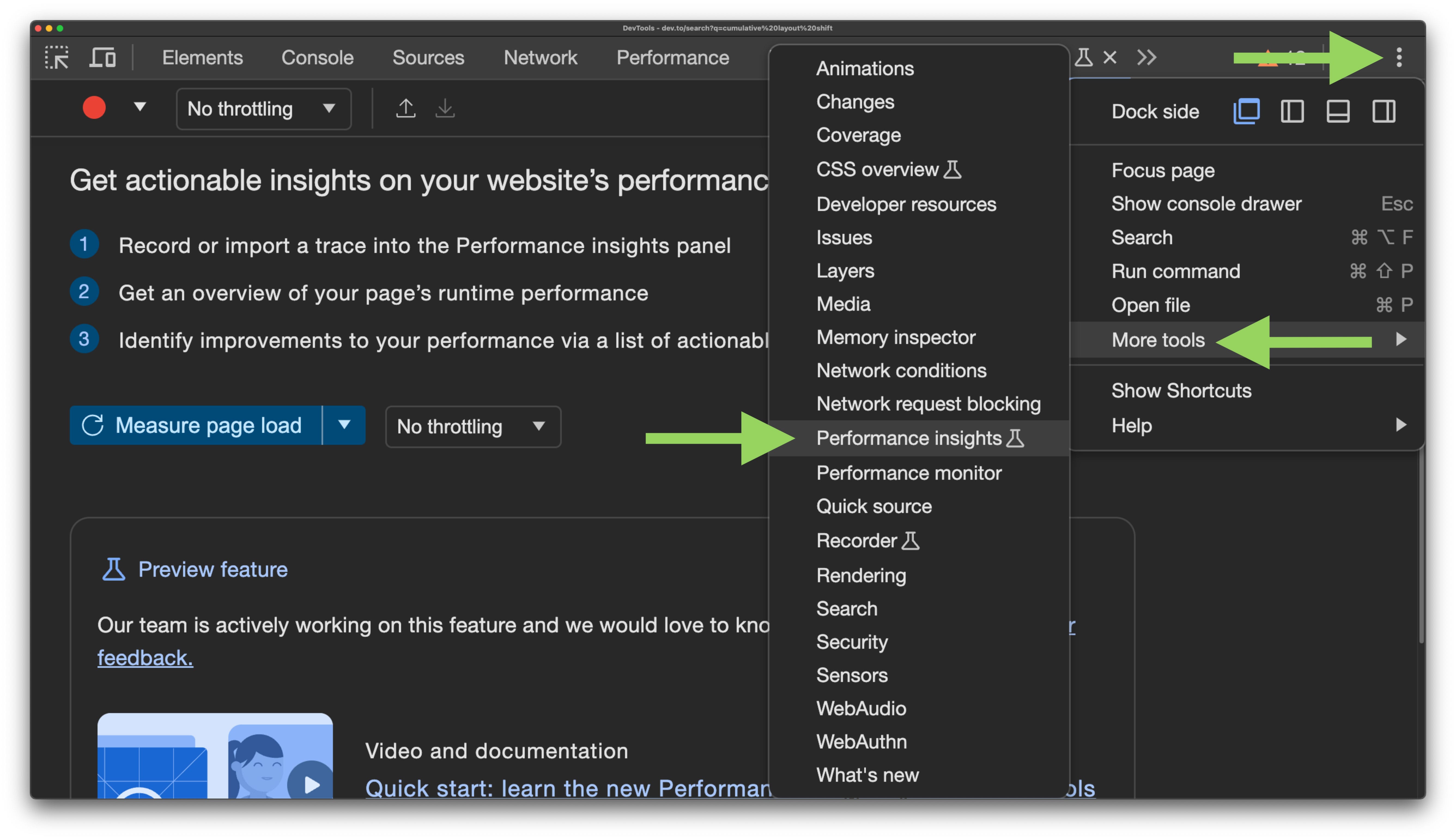 Chrome DevTools More Tools menu with Performance Insights option highlighted by green arrows
