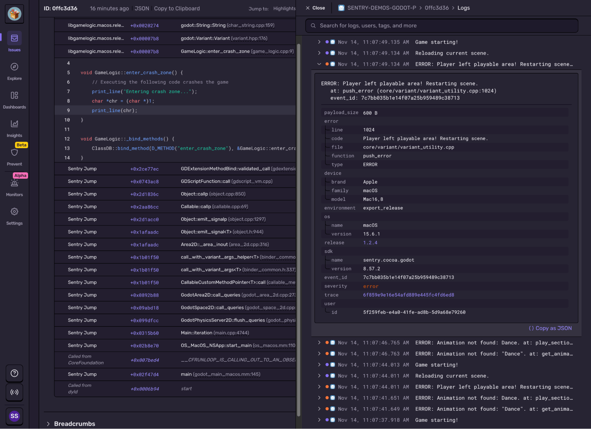 Screenshot of Sentry showing a Godot crash stack trace alongside structured logs detailing an error when the player leaves the playable area.