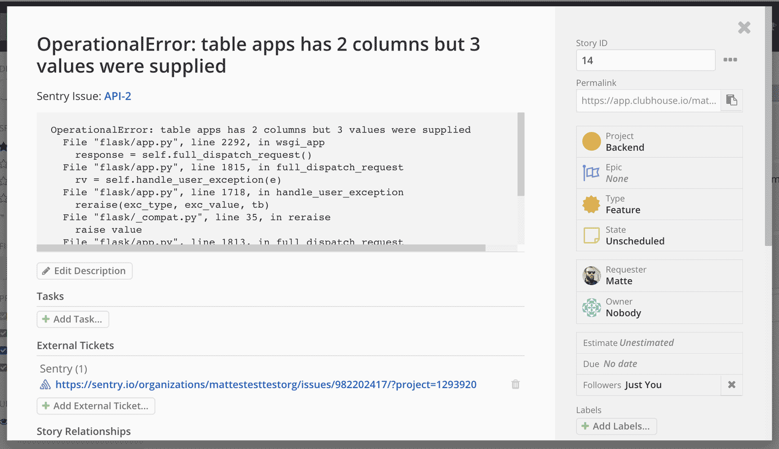 Linked Sentry Issue in Clubhouse