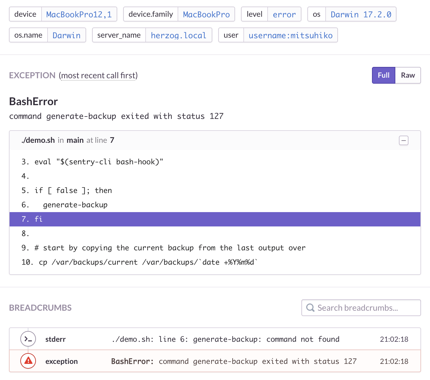 a bash traceback in sentry