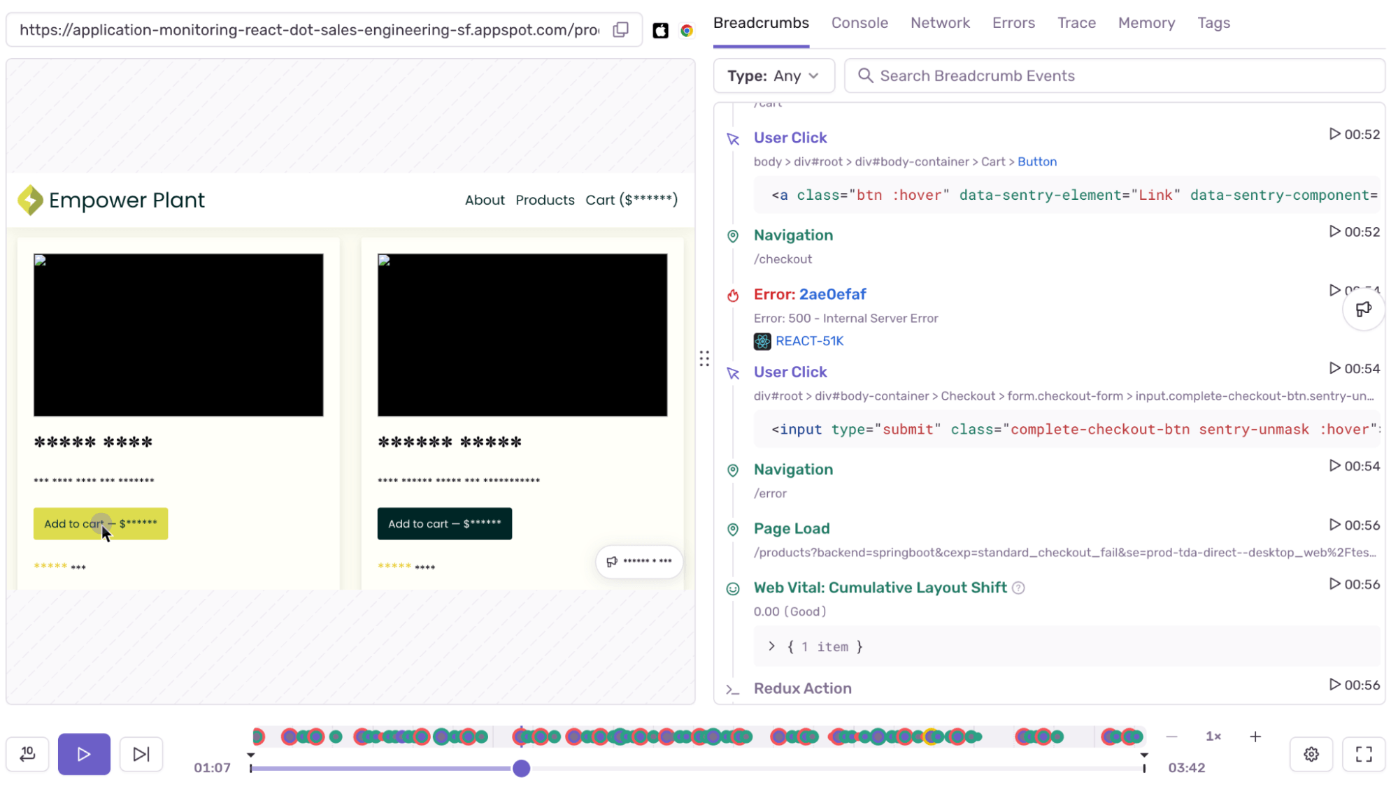 A screenshot of Session Replay in Sentry. On the left-hand side is a view of what the user was seeing, with two blacked-out images, text that is obfuscated, and a couple “Add to cart” buttons. On the right side is a list of network calls, highlighting calls that were slow or calls that returned error codes. At the bottom are the replay controls and timeline for quick navigation over the entire session.