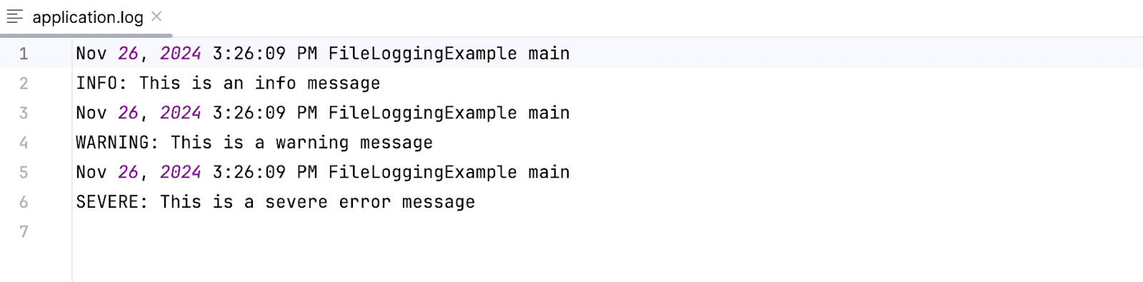FileHandler class to write logs to a file called application.log: