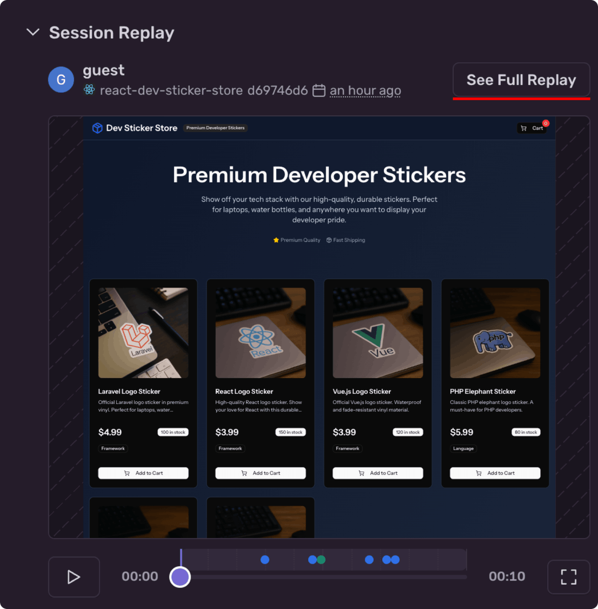 An example of a session replay in Sentry, with the See Full Replay button highlighted.