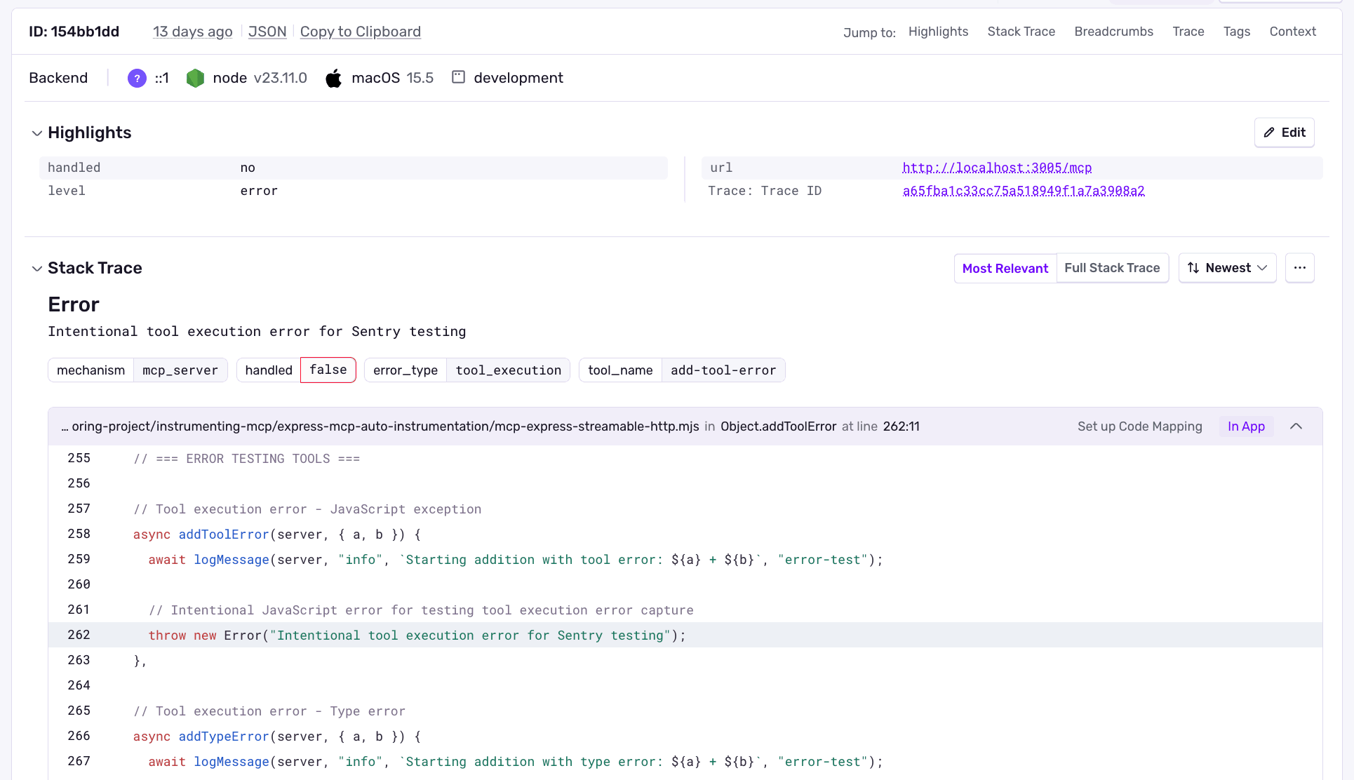 MCP monitoring example error, showing the stacktrace and other relevant information like user data such as their OS.
