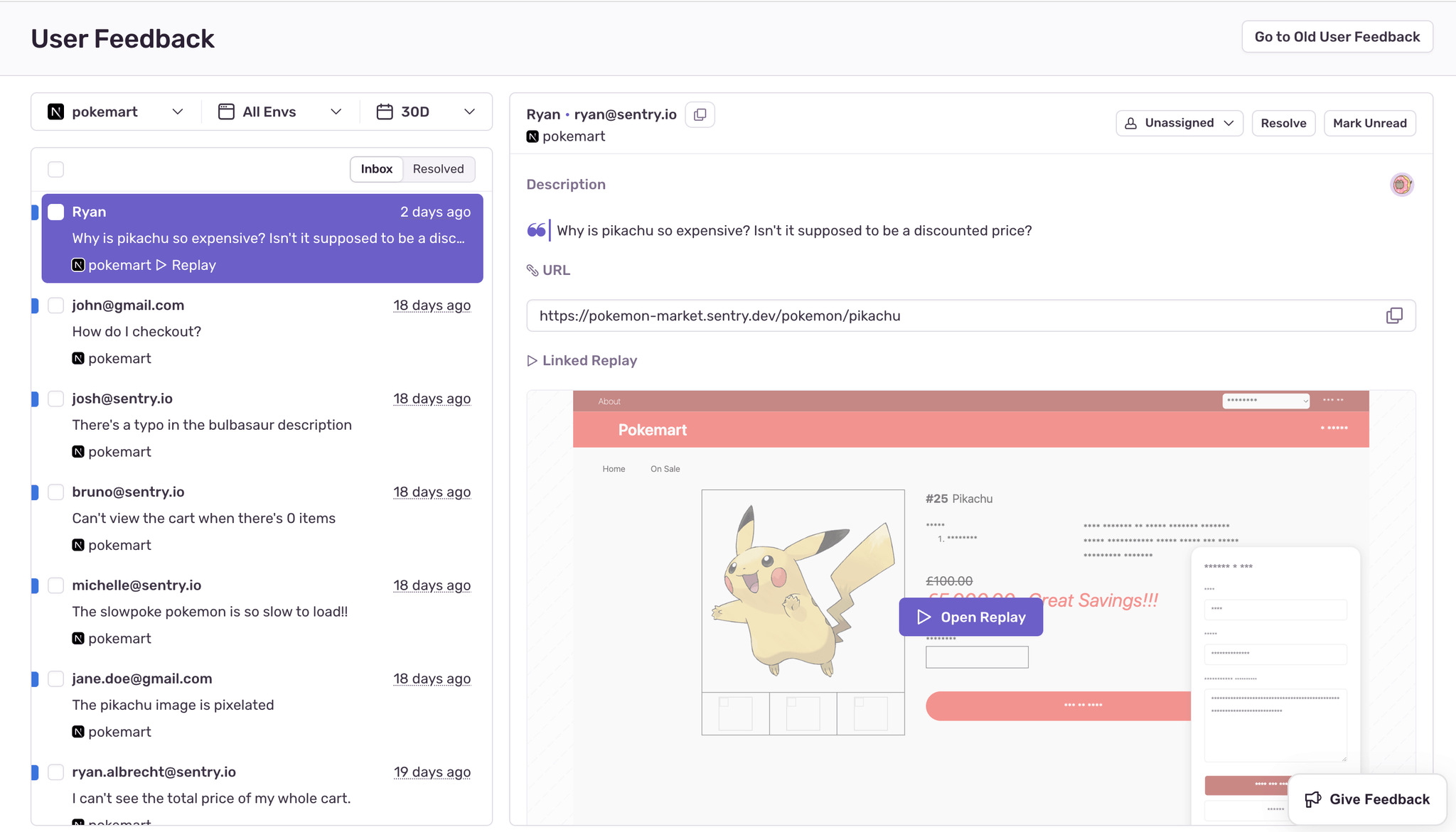 New User Feedback page displaying user feedback. On the top bottom, the widget is available so Sentry you can share feedback about User Feedback.