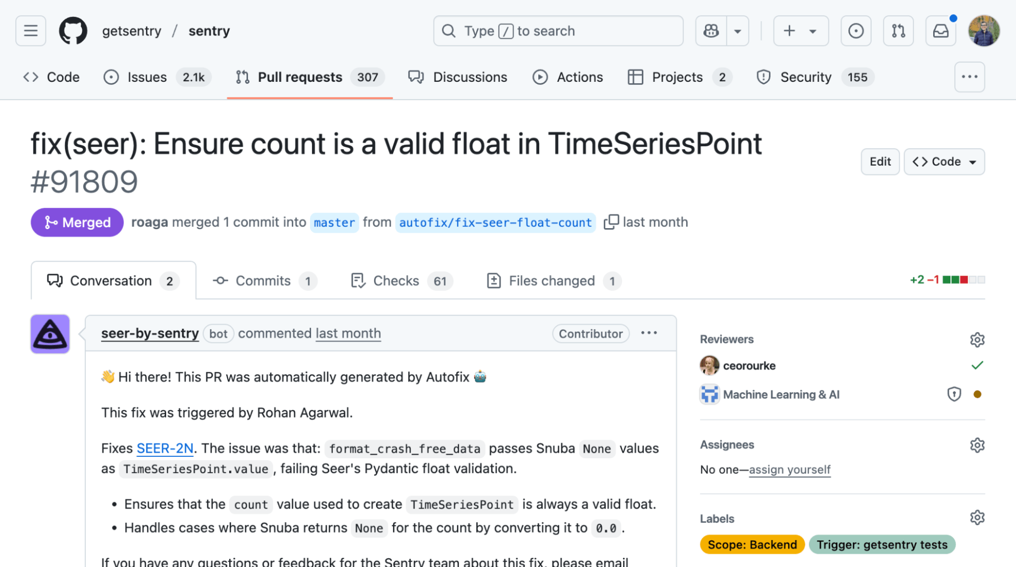 Screenshot of a merged GitHub pull request titled: “fix(seer): Ensure count is a valid float in TimeSeriesPoint (#91809)” The PR was merged into the master branch from autofix/fix-seer-float-count. A comment from the seer-by-sentry bot states the PR was auto-generated by Autofix and triggered by Rohan Agarwal. It fixes an issue where format_crash_free_data passed None values as TimeSeriesPoint.value, which failed float validation. Fix summary: Ensures count is always a valid float. Converts None to 0.0 for count. Reviewers include user ceorourke under the "Machine Learning & AI" team. Labels show: Scope: Backend and Trigger: getsentry tests.