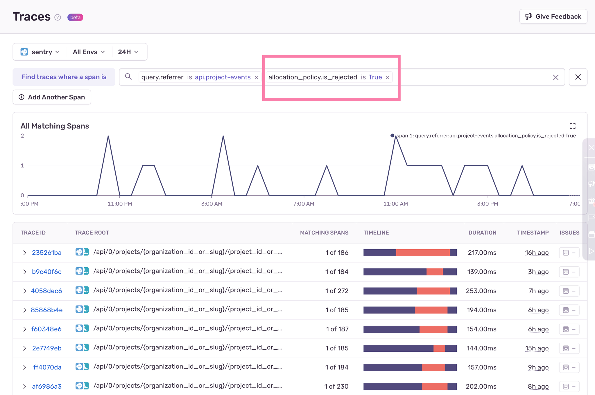 A screenshot of the Sentry Trace View showing all matching spans where the `query.referrer` is `api.project-events` and the `allocation_policy.is_rejected` is set to `True`.