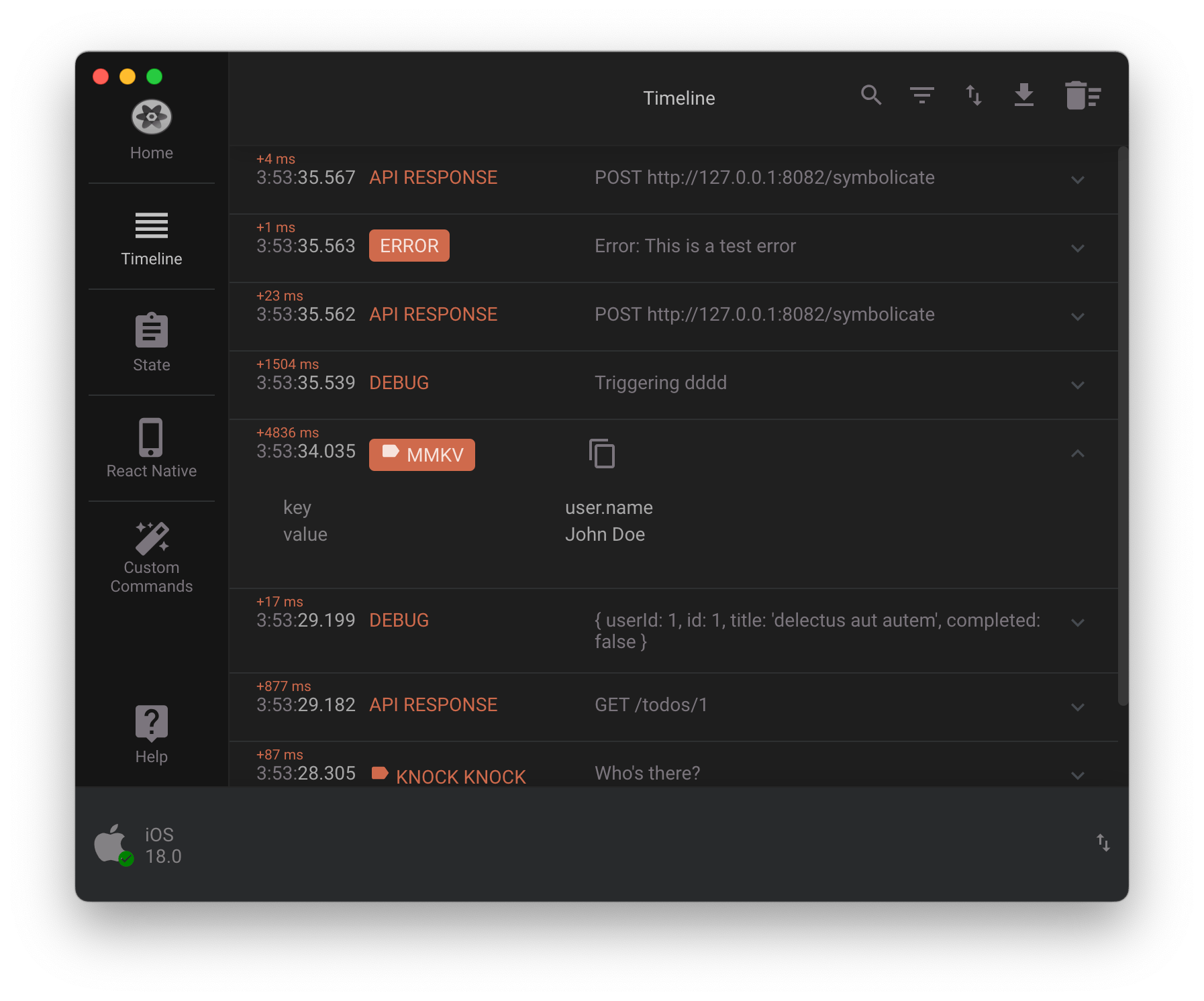 Reactotron app with basic debugging information
